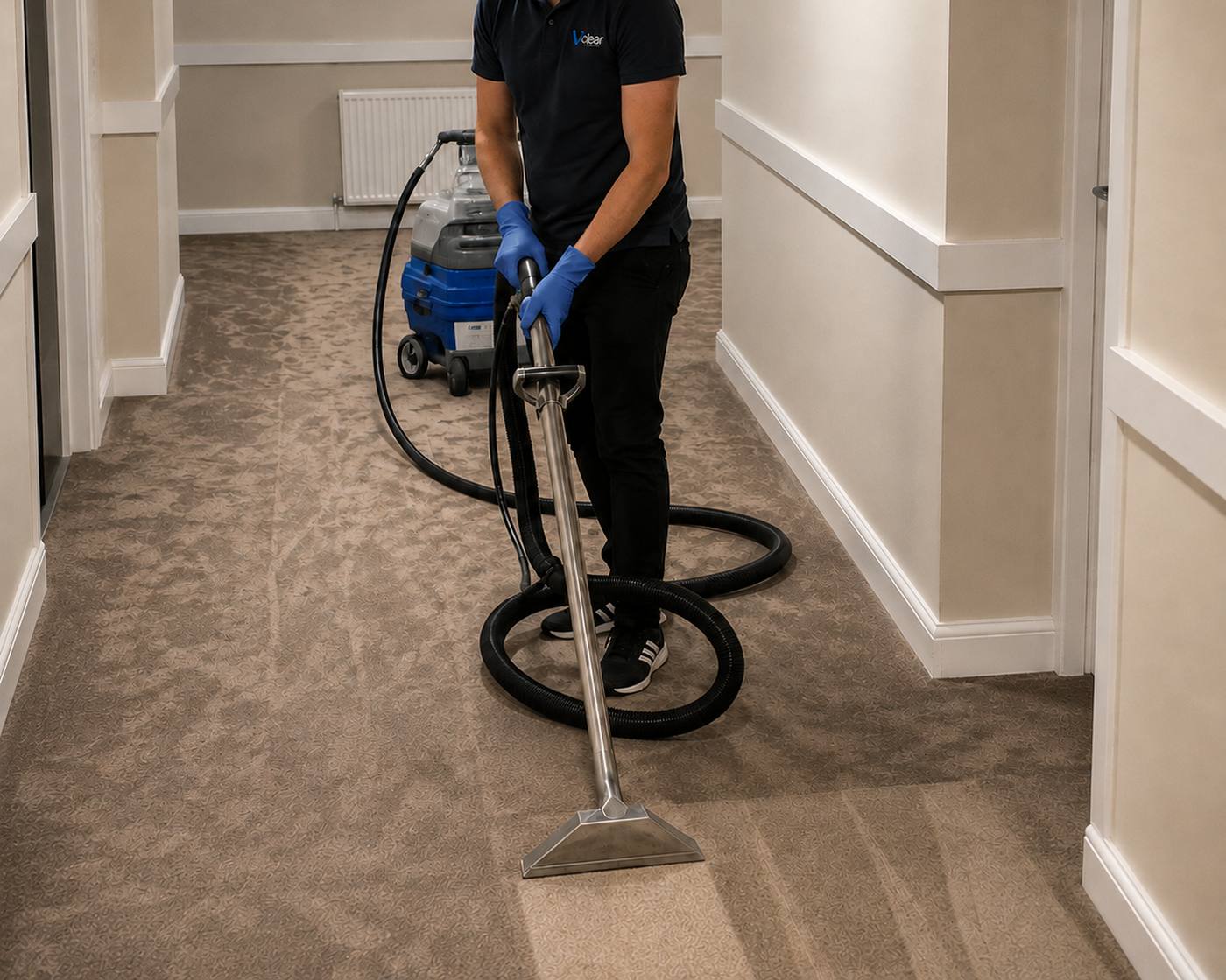Vclear operative using professional carpet cleaning equipment in a hallway