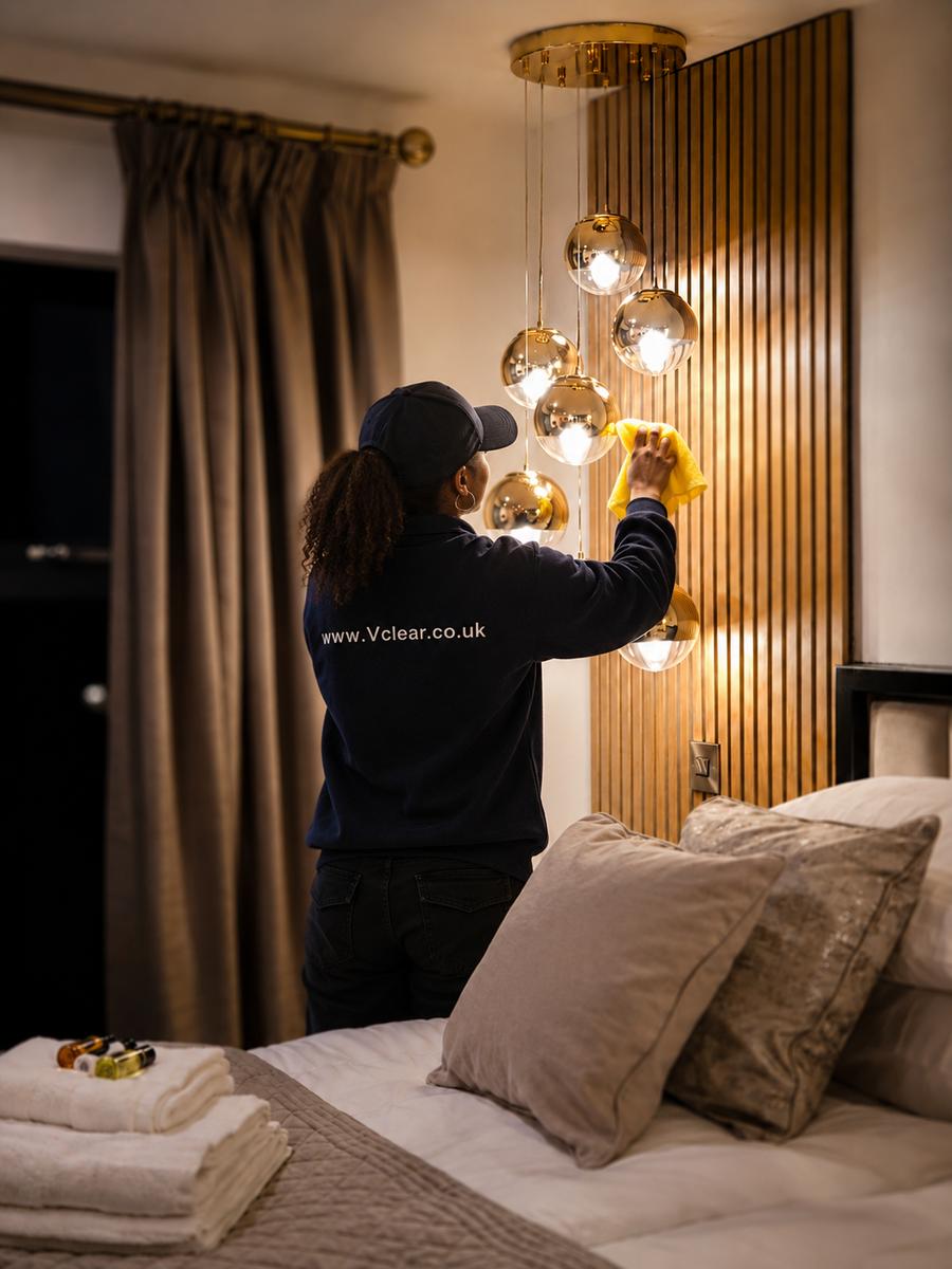 Professional cleaner with protective gloves cleaning a window